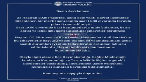 Trabzon'da mevlit sonrası tavuk-pilav yiyen 59 kişi gıda zehirlenmesi şüphesiyle hastaneye kaldırıldı